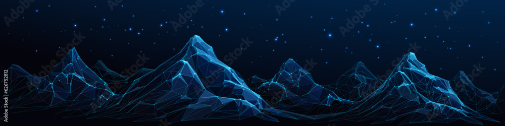 Poster Abstract night Mountains digital landscape. Digital low poly wireframe vector illustration with 3D effect. Panorama of geometric peaks and starry sky on a technology blue background. Connected dots.