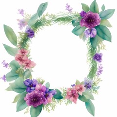 Watercolor Round Floral Frame, Generative Ai