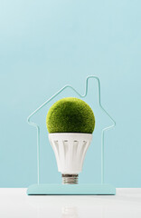 LED green grass light bulb inside house frame on blue background. Green energy saving and smart...