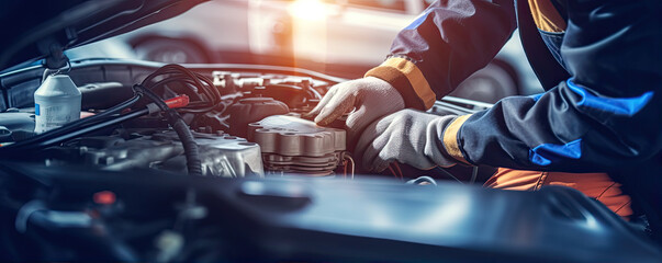 Car mechanic hands working on broken engine.