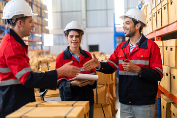 Engineer team cargo shipping order on tablet export and import, goods, factory ,warehouse...
