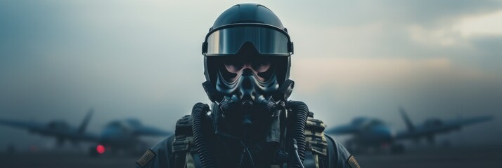 Pilot in mask and helmet with copy space. Generative AI