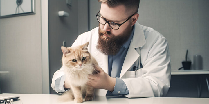 Veterinary examining a cat on the table in the clinic. Created with Generative AI technology