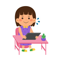 cute little kid girl use graphic tablet