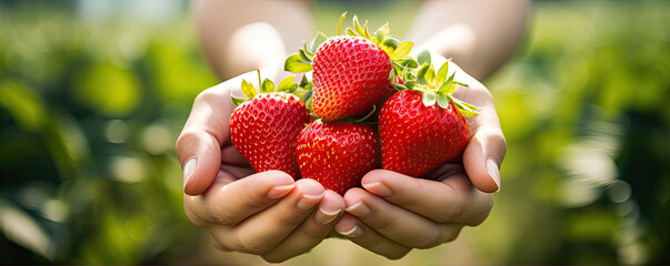 strawberry in hands, strawberries panorama photo - Powered by Adobe