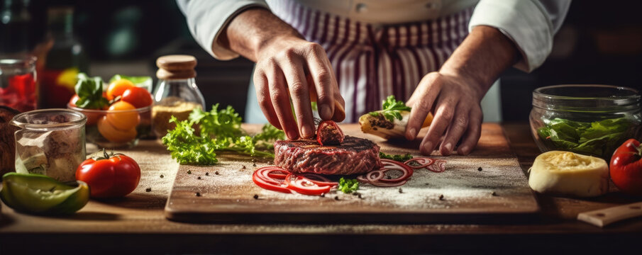 Chef prepare finest hamburger. wide banner