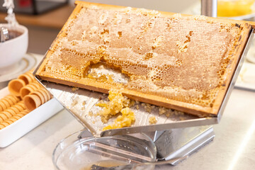 Honeycomb in a stainless steel box in a restaurant on a buffet table