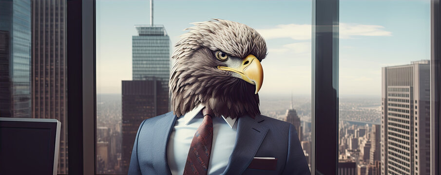 Man in modern suit with eagle head in office.