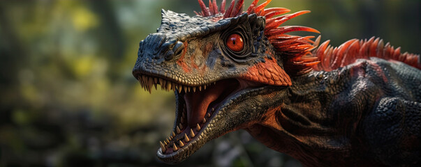 Aggressive dinosaurus portrait. nature background. Dilophosaurus