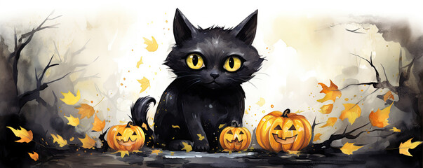 Black cat with pumpkins in halloween time. cartoon stzly photo