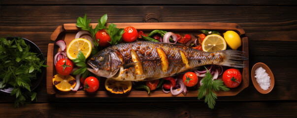 traditional fried fish with vegetable and lemon top view on wooden board.