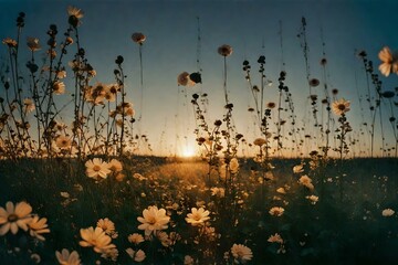 Analog 35mm Blurred Photography of Flowers at Sunset, in the Countryside