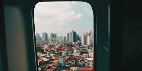 Fototapeta na wymiar Airplane seat with a great view from the window - Generative AI
