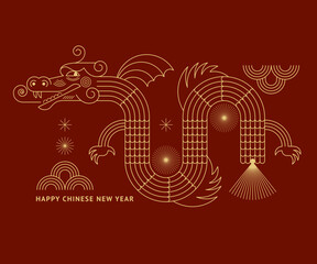 Chinese Happy New Year 2024. Year of the Dragon. Symbol of New Year. Line art, dragon in geometric style - 626764001