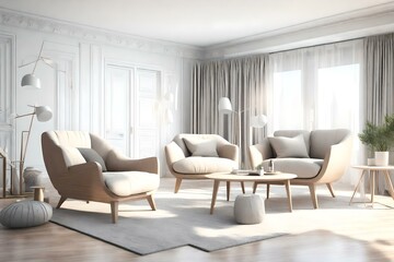 Naklejka na ściany i meble Modern Bright Living Room with Large Cozy Armchairs in Nordic Style, 3D Render