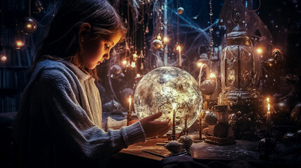 Fototapeta premium Illustration de Noël - Petite fille émerveillé par la magie de noël - Générative ia
