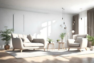 Modern Bright Living Room with Large Cozy Armchairs in Nordic Style, 3D Render