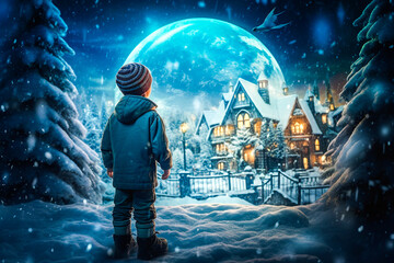 Obraz premium Illustration de Noël - Enfant émerveillé par la magie de noël - Générative ia
