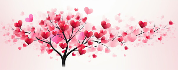 Fototapeta premium Pink red tree with heart leaves isolated. wide banner