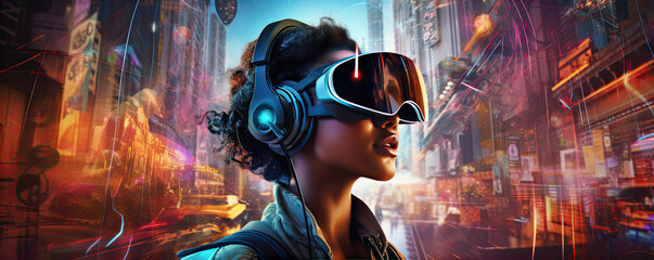 Woman wearing virtual reality headset or glasses. panorama photo
