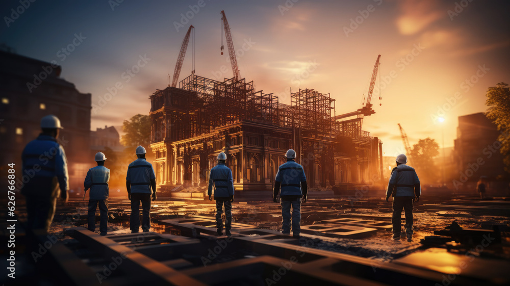 Aufkleber construction concept of engineer and architect working at construction site with blue print generati