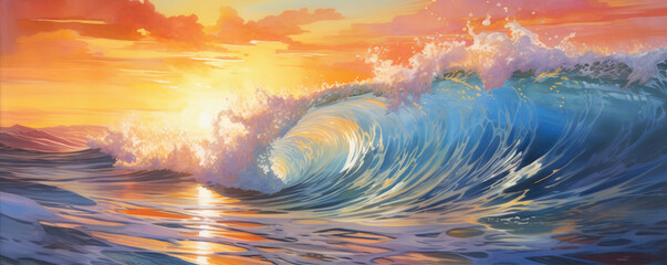 Ocean waves in susnset light crushing on water. - obrazy, fototapety, plakaty