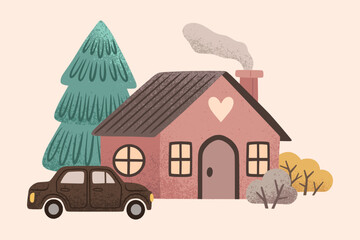House with car, tree, christmas tree, fir and bushes in a naive children's style.  Autumn colored illustration. Clipart for the design of greeting cards, invitations, prints, stickers and patterns. 