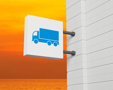 Delivery truck icon on hanging white square signboard over sunset sky and sea, Business transportation service concept, 3D rendering