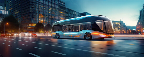 Scifi or futuristic bus in motion in evening city.