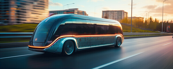 Scifi or futuristic bus in motion in evening city.