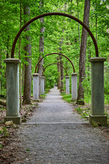 Concrete trail, path through Walkway of Roses in destroyed amusement park Rose Island