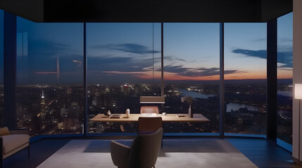 An office in the nighttime, situated in a high-rise building, with a cityscape view outside the windows. The office is designed for upscale business purposes
