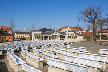 Fototapeta na wymiar Benches of the open air theater in the park in Bad Salzelmen, Germany