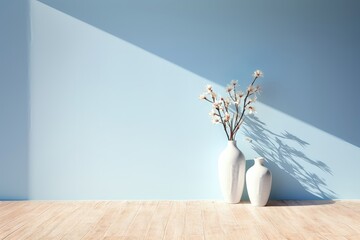 Two white ceramic flower vases, adorning a light blue wall, adding a touch of charm and color to the room. Photorealistic illustration
