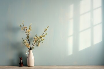 A white flower vase bathed in sunlight, standing against a soothing light blue wall, creating a serene and inviting ambiance. Photorealistic illustration