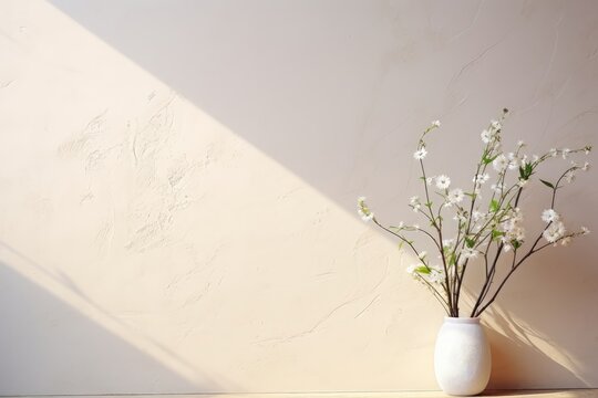 A delicate flower vase basking in the warm sunlight, accentuating the serene off-white wall. Photorealistic illustration