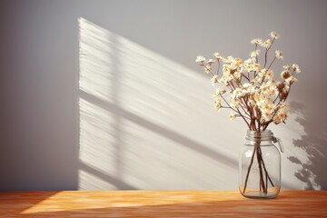 The sunlit white flowers in a glass jar contrasted against the light gray wall, creating a serene and inviting atmosphere. Photorealistic illustration