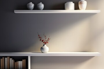 Vibrant red flowers sitting in a white vase, placed on a shelf filled with books, against an inviting off-white wall. Photorealistic illustration