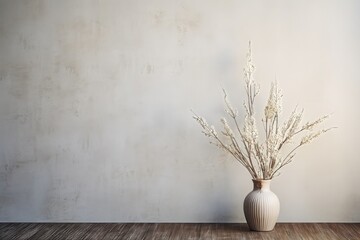 Fototapeta na wymiar A flower vase exuding timeless beauty against the soft off-white wall, complemented by the warm tones of the wood floor beneath. Photorealistic illustration