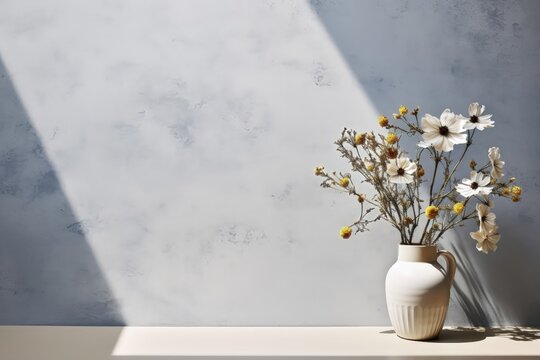 The wildflower vase basking in the gentle sunlight, casting a delightful glow against the serene light blue wall. Photorealistic illustration