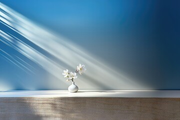 White flowers bloomming in a pristine white vase, complementing the soothing light blue wall behind them. Photorealistic illustration