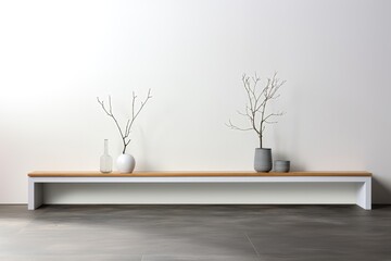 Plants potted in white and gray containers, accentuating a pristine white wall. Photorealistic illustration