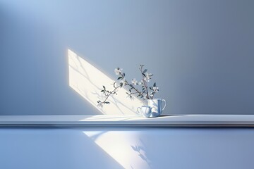 A beautiful white flower blossom in a white jug, standing against the serene light blue wall. Photorealistic illustration
