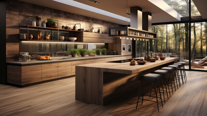 interior design for a kitchen, 6 meters wide, island, modern, vray render - 626771083