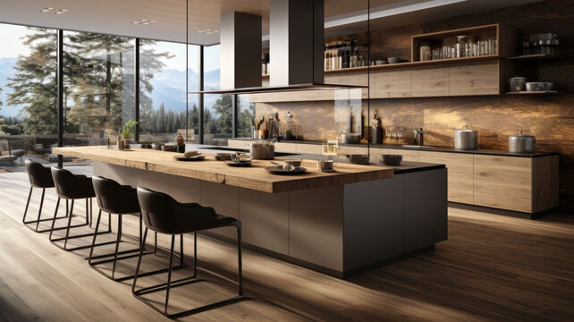 interior design for a kitchen, 6 meters wide, island, modern, vray render