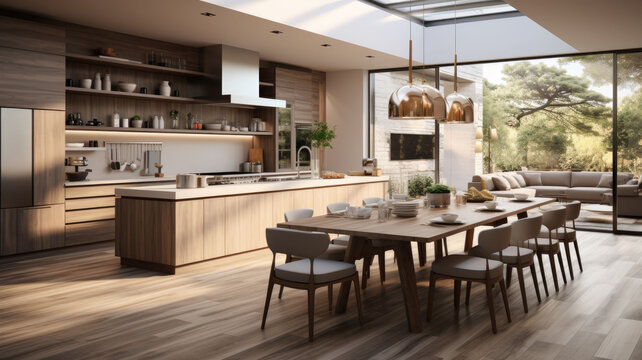 interior design for a kitchen, 6 meters wide, island, modern, vray render