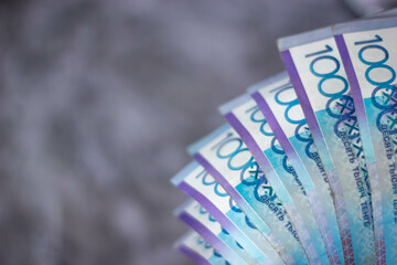 Kazakh money. Close-up bills. Tenge cash