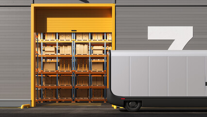 Warehouse with goods and a truck for delivery. The concept of trucking, cargo and home delivery. Mock up .3d rendering.