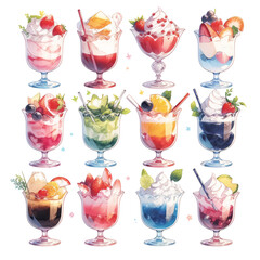 Parfait dessert yogurt with berry, cherry, strawberry, lemon, mint and whip cream in glasses collection set cute watercolor painting style png created with Generative AI