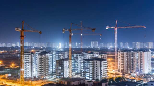 Lots of tower cranes build large residential buildings at sunset.generative ai